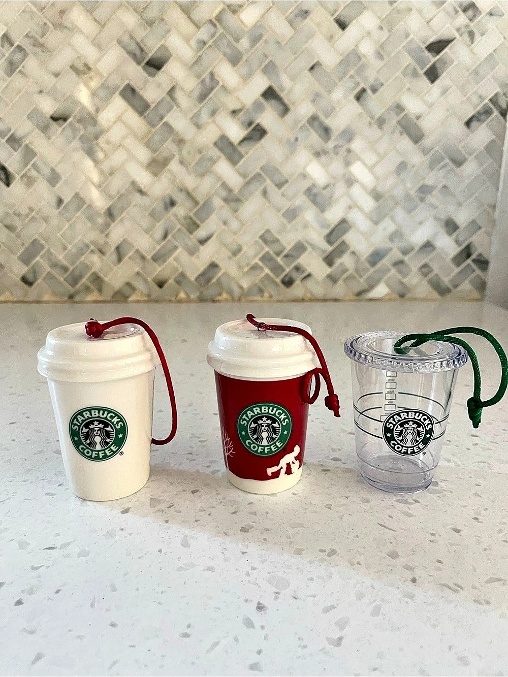 Starbucks Ceramic & Plastic Cup Christmas Ornaments Coffee To Go Cup Lot Of 3